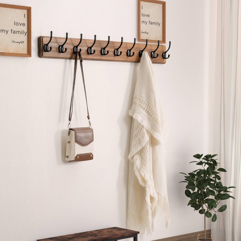 Dseap Wall Mounted Coat Rack: 38-1/4" Long, Patented, Heavy-Duty, 10-Double-Hooks Wooden Hanger Rail for Winter Coats, Hat, Jacket, Clothing - Natural & Black - Image 4